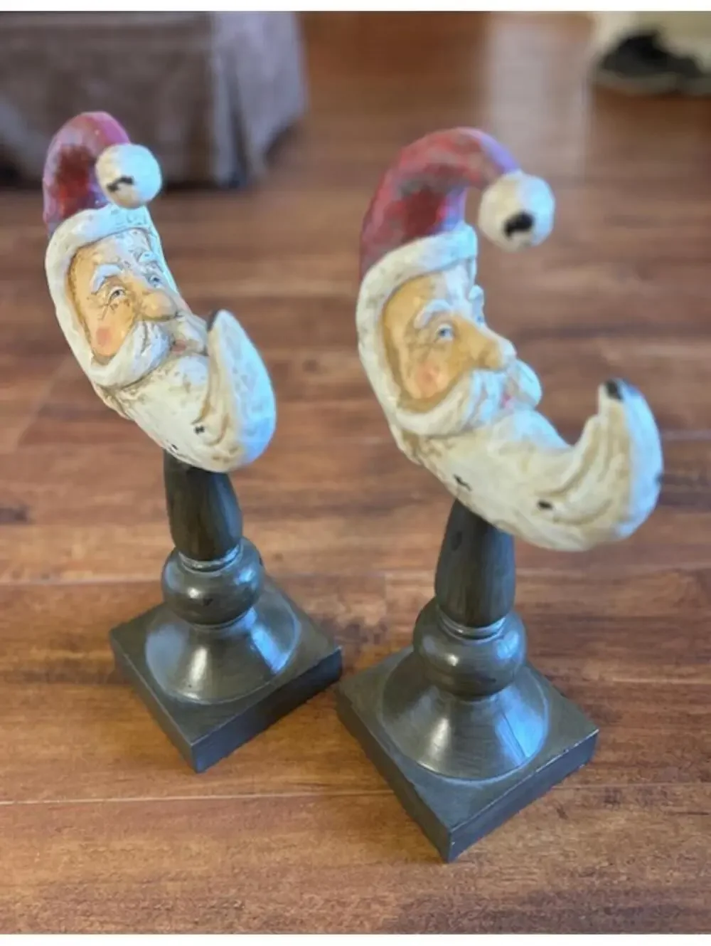 Pair of Santa Claus Decorative Figurines on Pedestal Stands